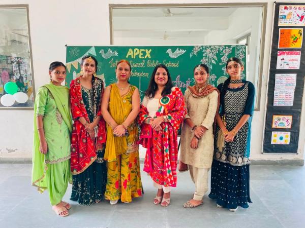 Students in traditional attire on Teej at Apex School